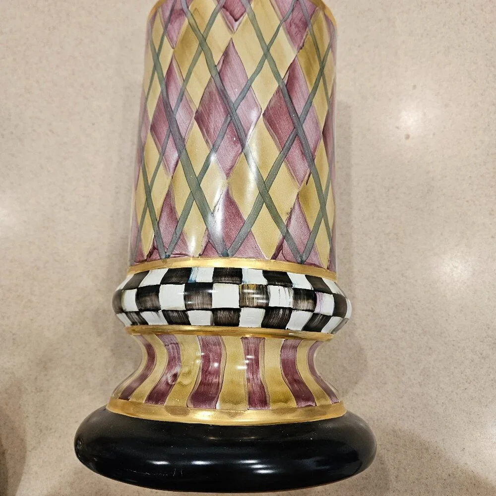 RARE MACKENZIE CHILDS ARGYLE PLAID AURORA CERAMIC COLUMN STORAGE CANISTER JAR